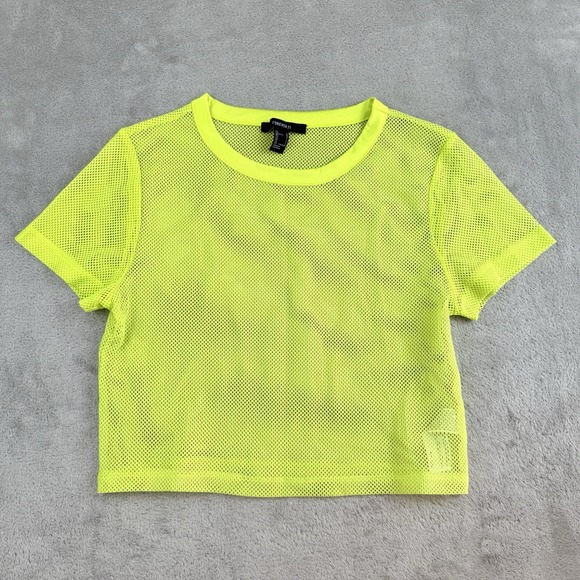 Forever 21 Top Large Neon Yellow Crop Mesh Fishnet Stretch Festival Club Raves - Picture 1 of 13